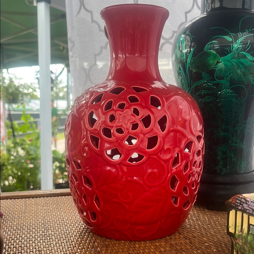 Vintage Red Ginger Jar/ Vase/ Candle Cover